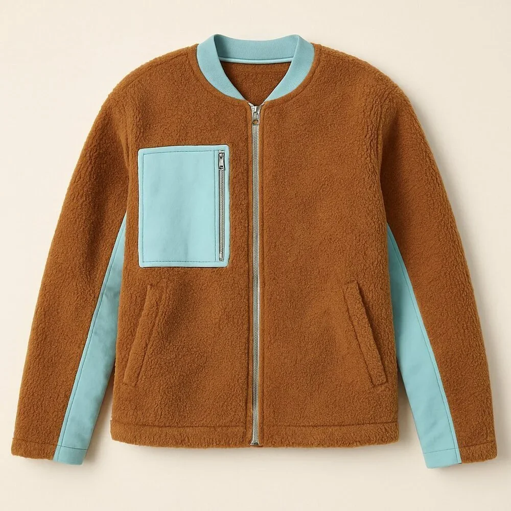 FREE PEOPLE We The Free Brown Sherpa Jacket with Aqua Trim - Size M - Picture 2 of 8